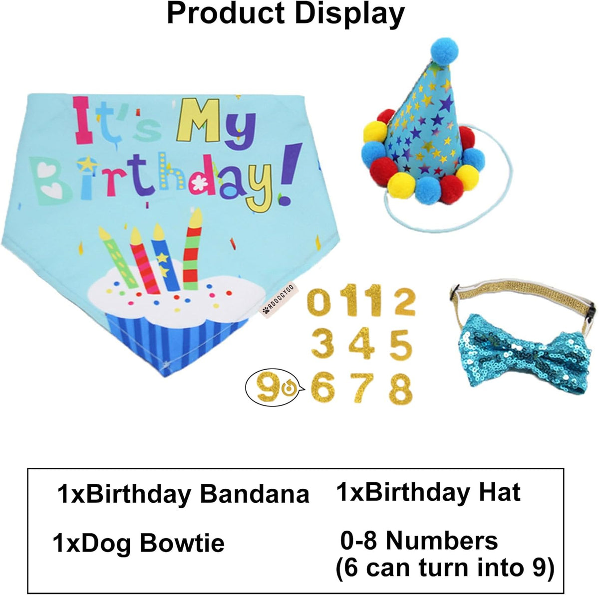 Dog Birthday Hat, Blue Birthday Boy Bandana with Bow Tie, Large