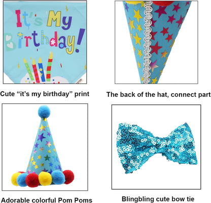 Dog Birthday Hat, Blue Birthday Boy Bandana with Bow Tie, Large