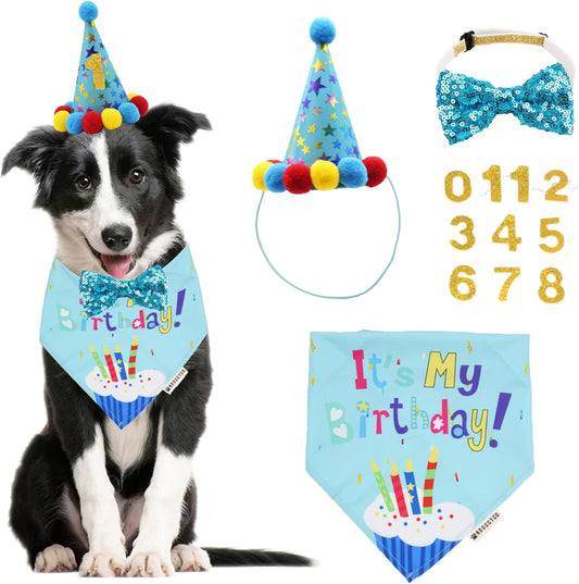 Dog Birthday Hat, Blue Birthday Boy Bandana with Bow Tie, Large