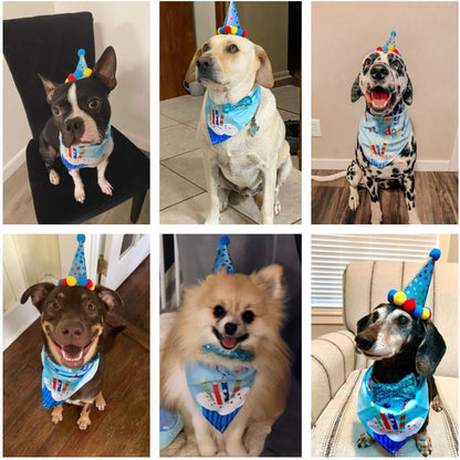 Dog Birthday Hat, Blue Birthday Boy Bandana with Bow Tie, Large