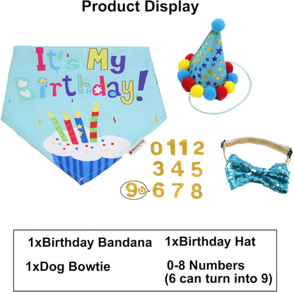 Dog Birthday Hat, Blue Birthday Boy Bandana with Bow Tie, Large