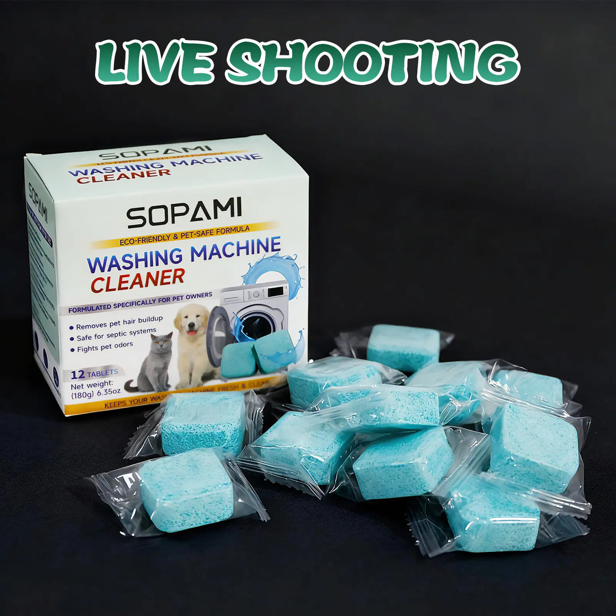 SOPAMI Washing Machine Cleaner Tablets 12 Pack Pet Safe Eco Friendly Cleaning Tablets Neutralizes Pet Related Odors Deep Cleans Grime Keeps Washing Machine Fresh Easy to Use